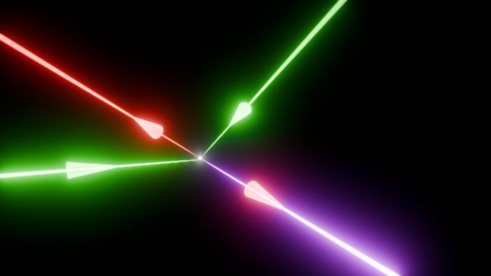 Illustration of photon-photon scattering in the laboratory. Two green petawatt lasers beams collide at the focus with a third red beam to polarise the quantum vacuum. This allows a fourth blue laser beam to be generated, with a unique direction and colour, which conserves momentum and energy. @ Zixin (Lily) Zhang.