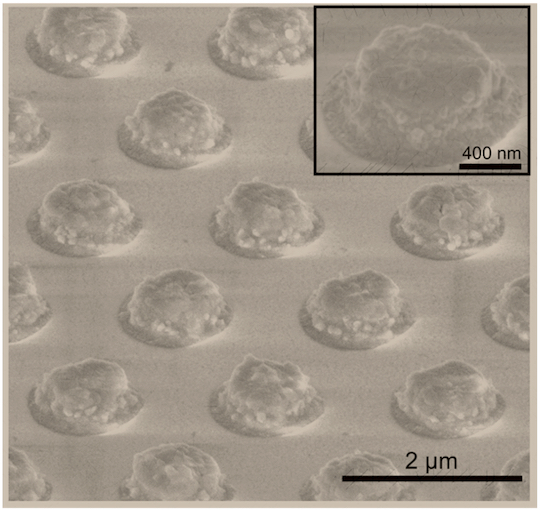 A scanning electron microscope image of an iron pyrite metasurface created at Rice University to test its ability to transcend the Moss rule, which describes a trade-off between a material’s optical absorption and how it refracts light. The research shows potential to improve screens for virtual reality and 3D displays along with optical technologies in general. @ The Naik Lab