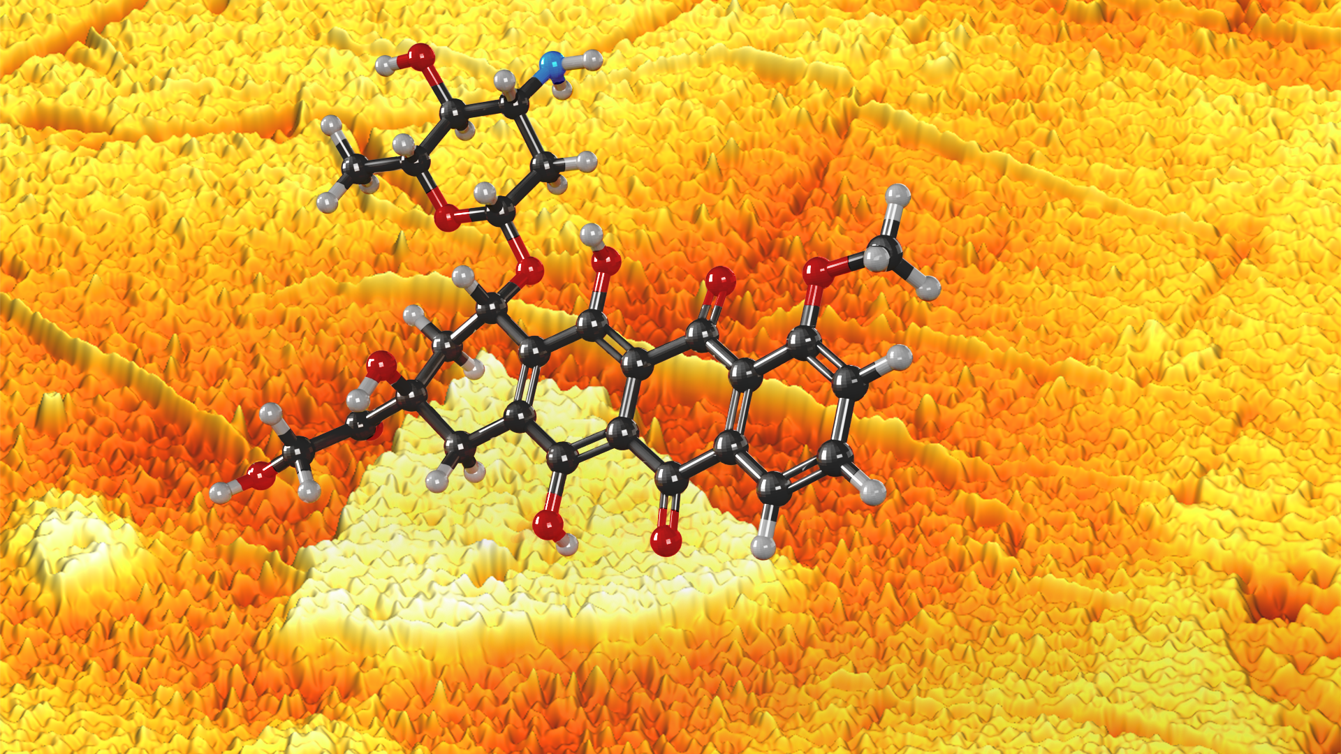 (Foreground) Doxorubicin molecule, detected using the van der Waals vertical heterostructure biosensor. (Background) Actual nanoscale optical image (sSNOM) of the heterostructure: large triangle is a single-layer MoS2 island (ca. 3.7 micron wide); smaller triangle is a partially oxidized MoOS island; whole sample is covered with the monolayer graphene, with several wrinkles clearly seen in the map; darker graphene area correspond to the region of extra charge doping. @ Jennifer M. McCann / Rotkin Group