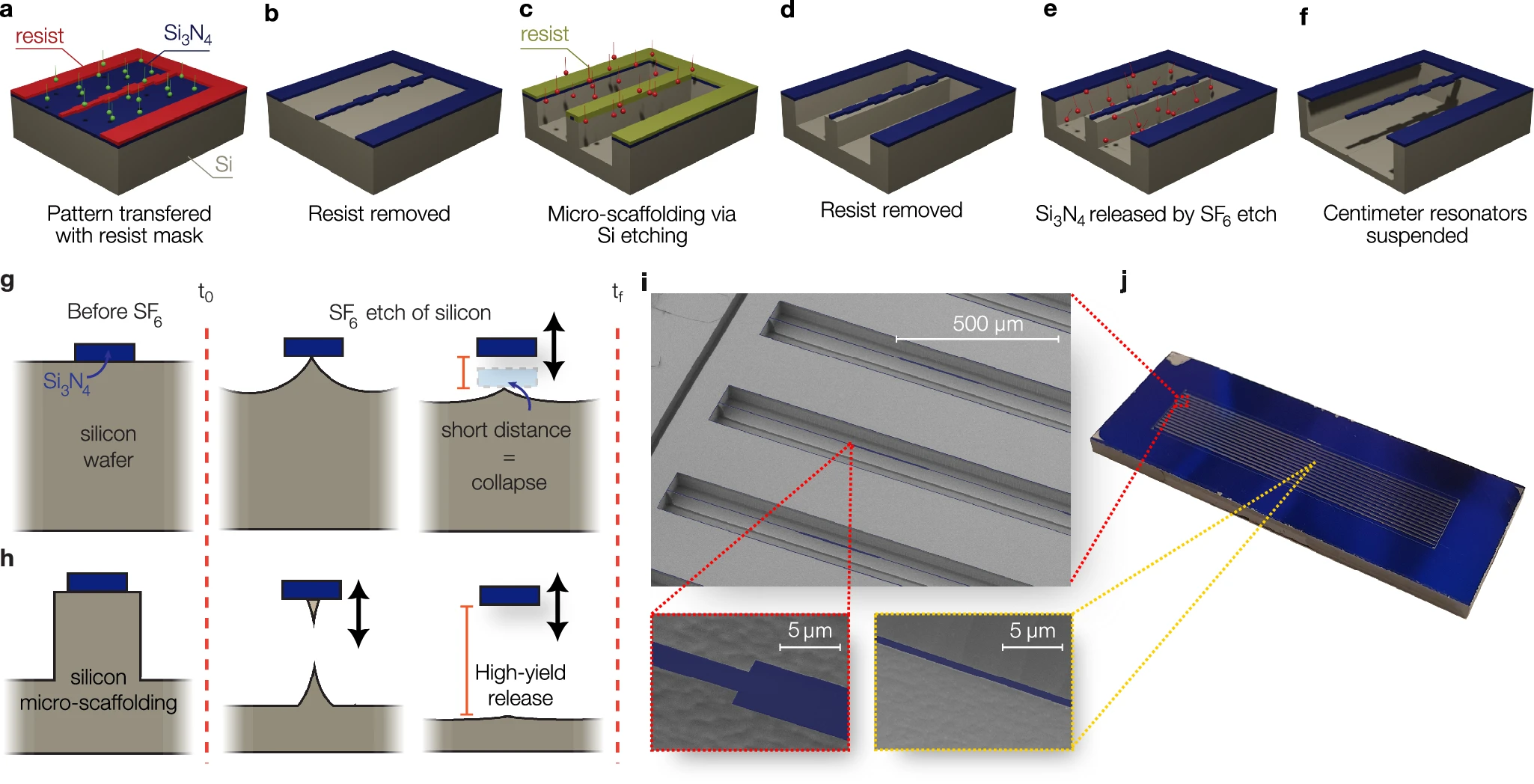 a–f Schematic of the fabrication process composed of Si3N4 patterning via dry etching (a), mask removal (b), cryogenic DRIE silicon etching with photoresist mask (c), mask removal (d), Si3N4 undercut (e), and Si3N4 suspended over a large gap (f). g SF6 release step when the Si3N4 structure is suspended after being patterned, leading to collapse due to the short distance with the supporting silicon wafer. h SF6 release step with micro-scaffolding when the Si3N4 structure is suspended after a DRIE of the supporting silicon wafer, resulting in a large gap and high-yield release. i False-colored scanning electron microscope pictures of the optimized 3 cm nanoresonators at the clamping area (top), at the boundary of the first unit cell (bottom-left), and at the center (bottom-right). The blue area indicates the area where Si3N4 is suspended, consisting of the string and the overhang. j Photograph of a chip containing fourteen centimeter-scale nanoresonators, each 3 cm long. @ TU Delft / Nature Communications (2024)
