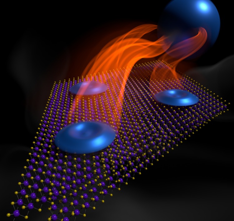 This artistic depiction shows electron fractionalization — in which strongly interacting charges can “fractionalize” into three parts — in the fractional quantum anomalous Hall phase. @ Eric Anderson