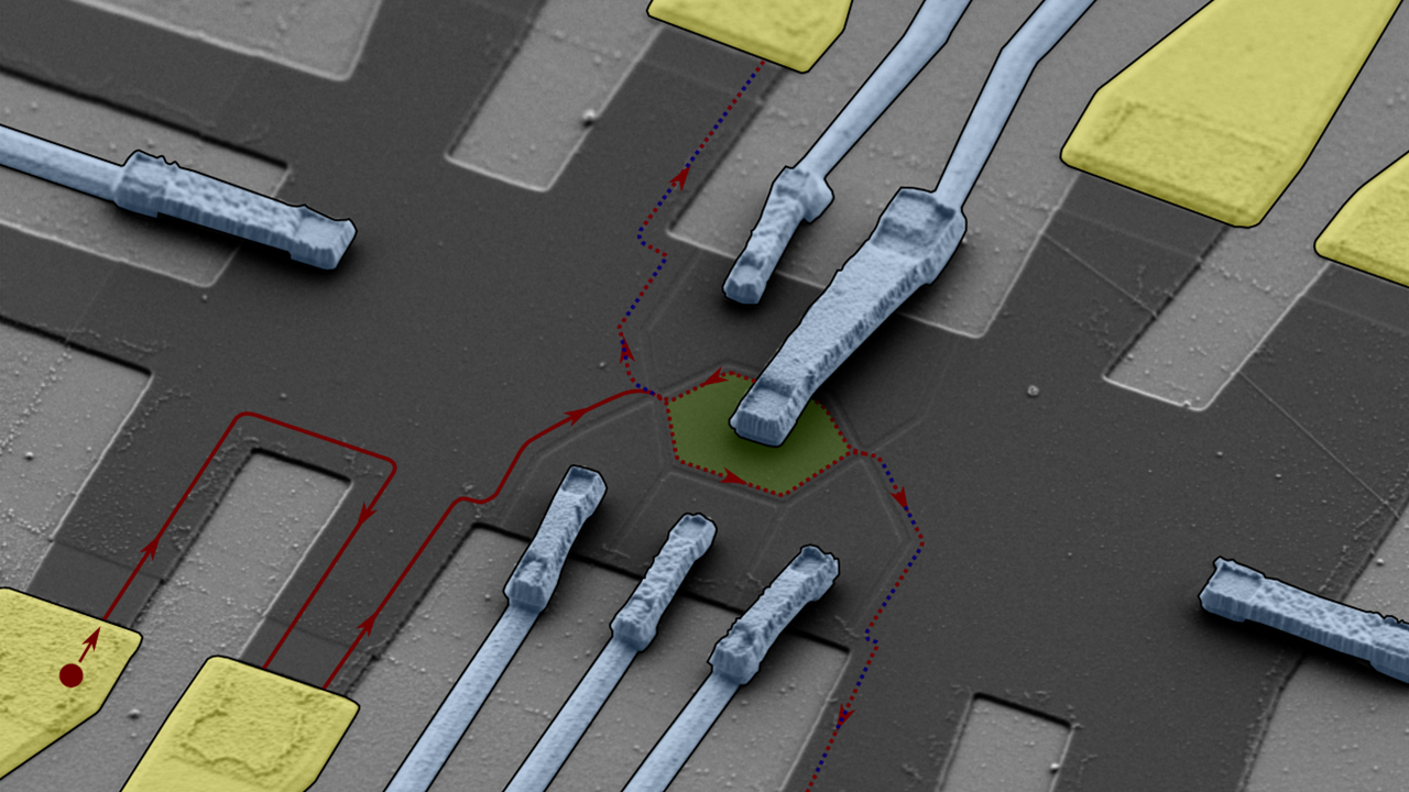 Quantum interference experiment imaged with an electron microscope. The use of bilayer graphene enabled scientists to control the trajectory (red) of an anyon in the material. Its wave was made to encircle an island containing a magnetic field and other anyons (green), then recombine with the original wave to study its properties. Electric gates (dark gray) allowed the scientists to route the anyons along defined paths in the material and to control the electron density within the island. @ Weizmann Institute of Science