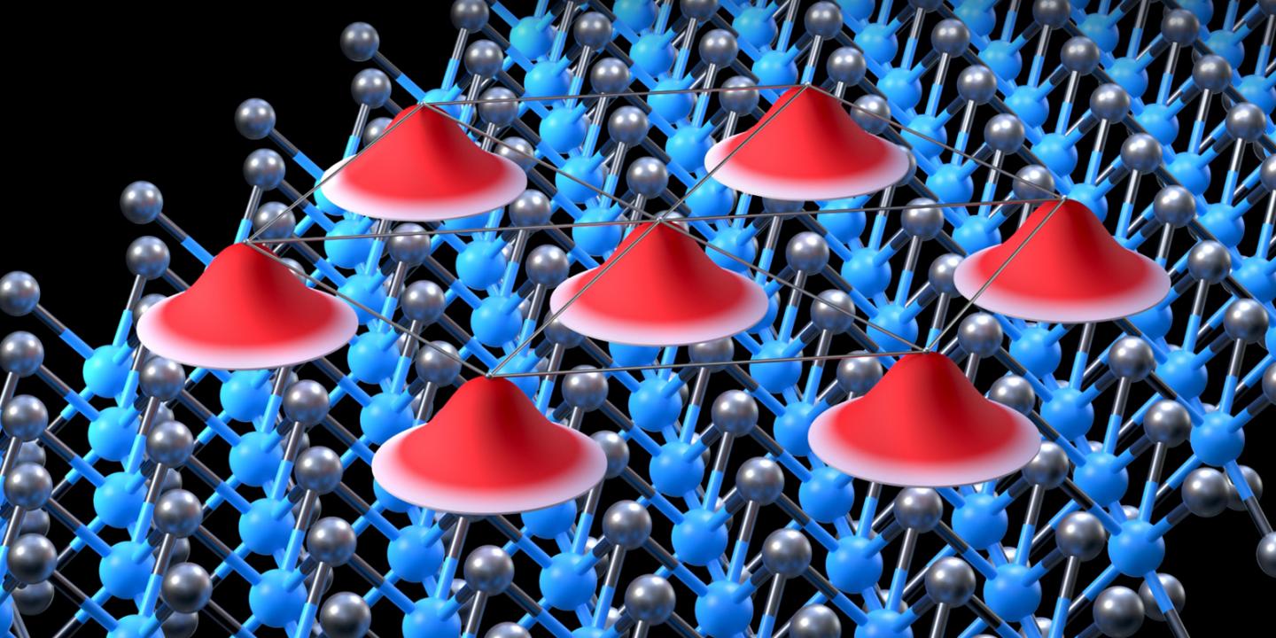 A Wigner crystal of electrons (red) inside a semiconductor material (blue/grey). @ ETH Zurich