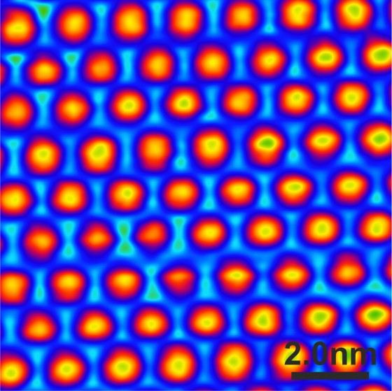 A high-resolution scanning tunneling microscopy image of the ordered NHC single layer on silicon; NHC stands for "N-heterocyclic carbenes". @ Dr. Martin Franz