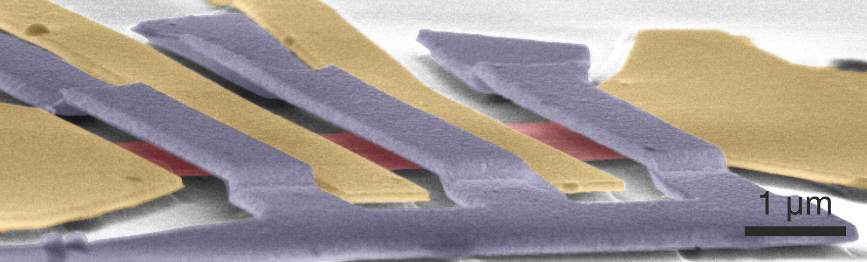 Scanning electron microscope image of a contacted, two-atom-thick, free-floating graphene flake with a free-floating metal bridge hovering above it. @ Fabian Geisenhof/Jakob Lenz