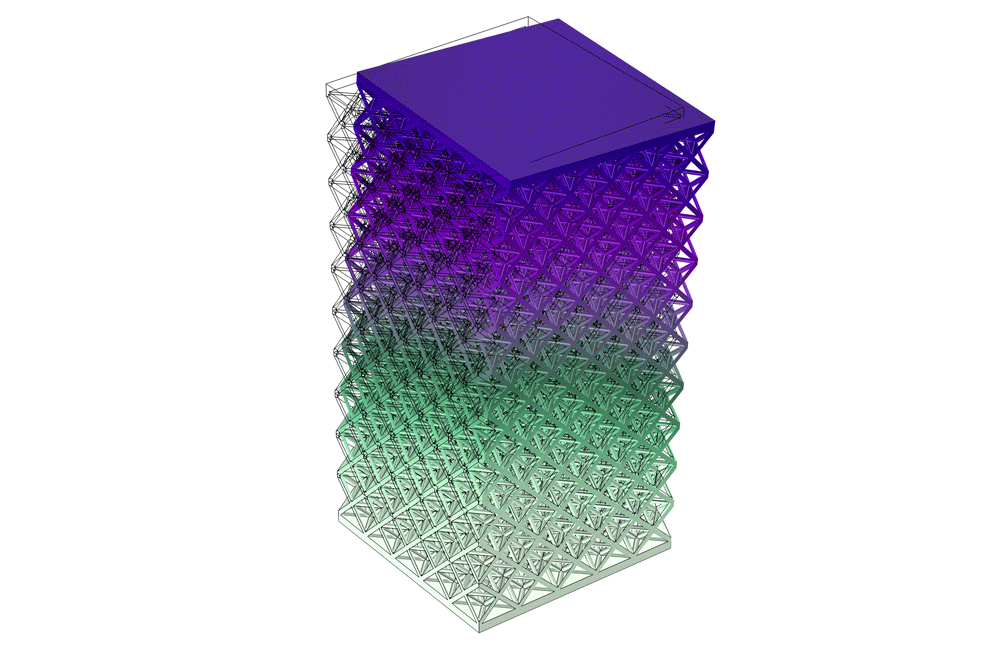 A new MIT technique uses a laser to safely scan a microscopic tower of metamaterial, inducing vibrations that can then be captured with a second laser and analyzed to deduce the structure’s dynamic properties, such as stiffness in response to impact. @ MIT