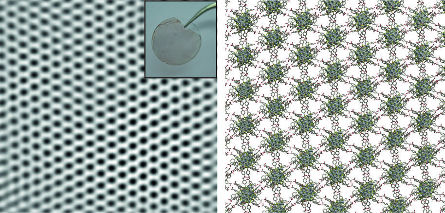 Electron microscopy image (inset: photograph of membrane on a glass cover slip) and a schematic representation of nanoparticle membrane. @ Nonappa / Aalto University