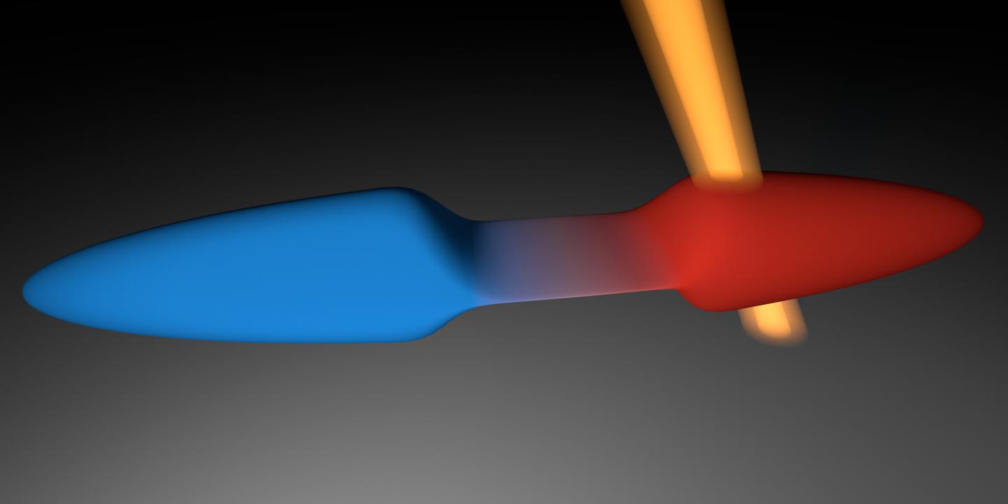 Artistic impression of the experiment in which Häusler and colleagues first heat one of two quantum-?gas clouds and then connect them with a two-?dimensional channel, such that they can equilibrate. @ D. Husmann & S. Häusler, ETH Zurich