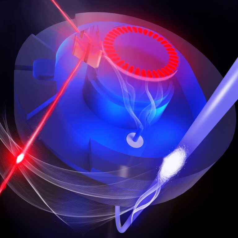 Artistic rendering of the experimental device with the beam optical photons (red) entering and leaving the electro-optic crystal and resonating within its circular portion as well as the generated microwave photons (blue) leaving the device. @ Eli Krantz, Krantz NanoArt