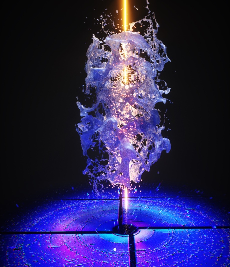 Artist’s rendition of the X-ray beam illuminating a solution of powdered metal-organic materials called chalcogenolates. @ Ella Maru Studios