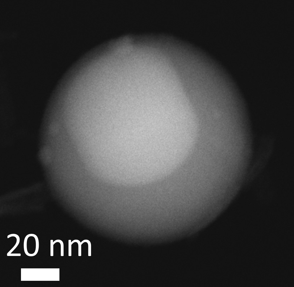 Planet-like nanodroplet with copper-gallium intermetallic core (Ga2Cu) and a ‘squishy’ outer gallium mantle (Scanning Transmission Electron Microscope Dark Field Image). @ FLEET