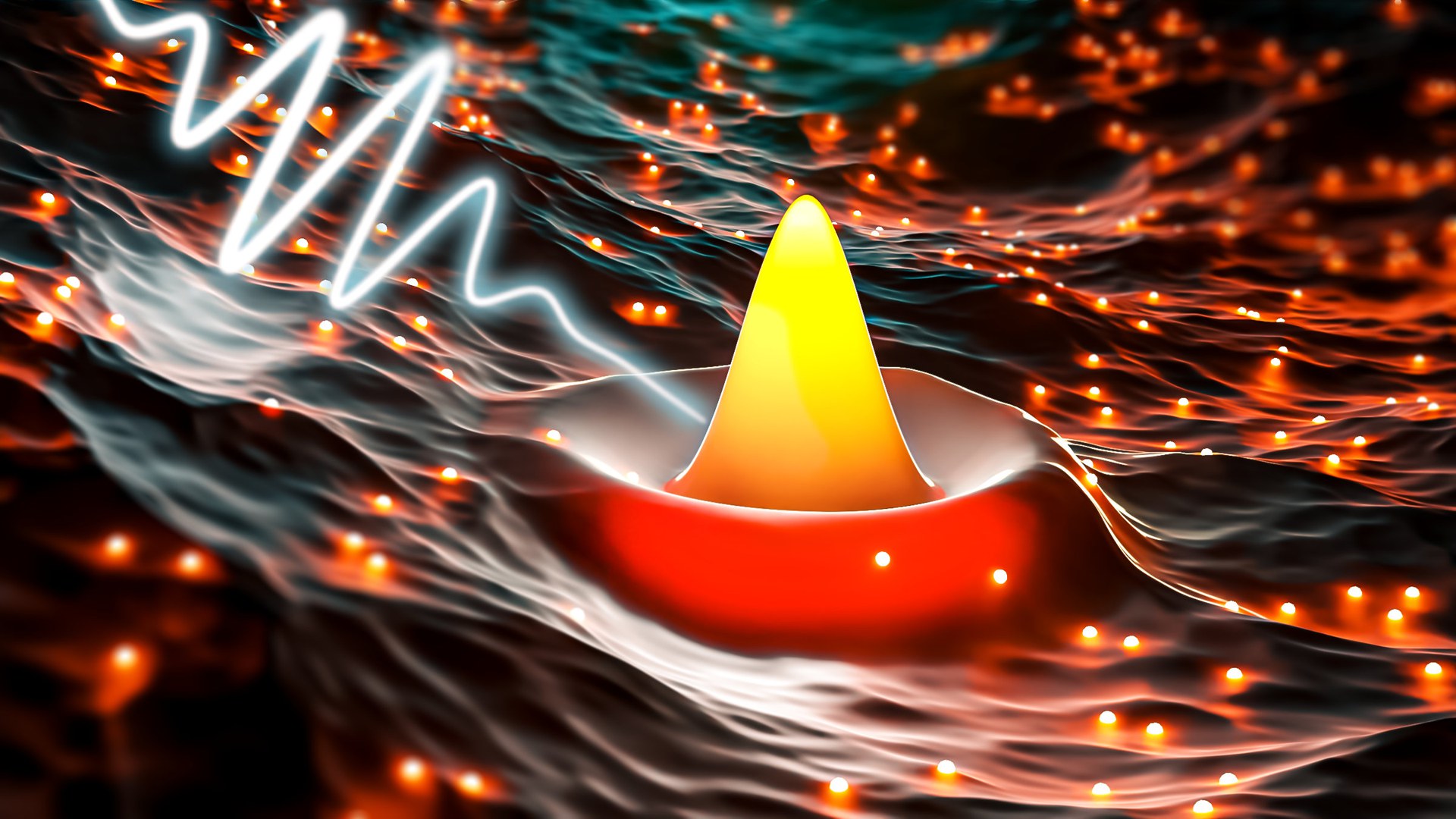 Artist view - of a photonic Bose-Einstein condensate (yellow) in a bath of dye molecules (red) that has been perturbated by an external light source (white flash). @ A. Erglis/Albert-Ludwigs University of Freiburg
