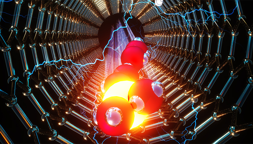 Artist's depiction of an ion-water cluster traveling at high speed through a carbon nanotube channel. Formation of ion-water clusters in small diameter carbon nanotubes is responsible for anomalously high electrophoretic mobility of ions inside these channels and ultimately for the strong breakdown of Nernst-Einstein relation in this system. @ Ella Maru Studio