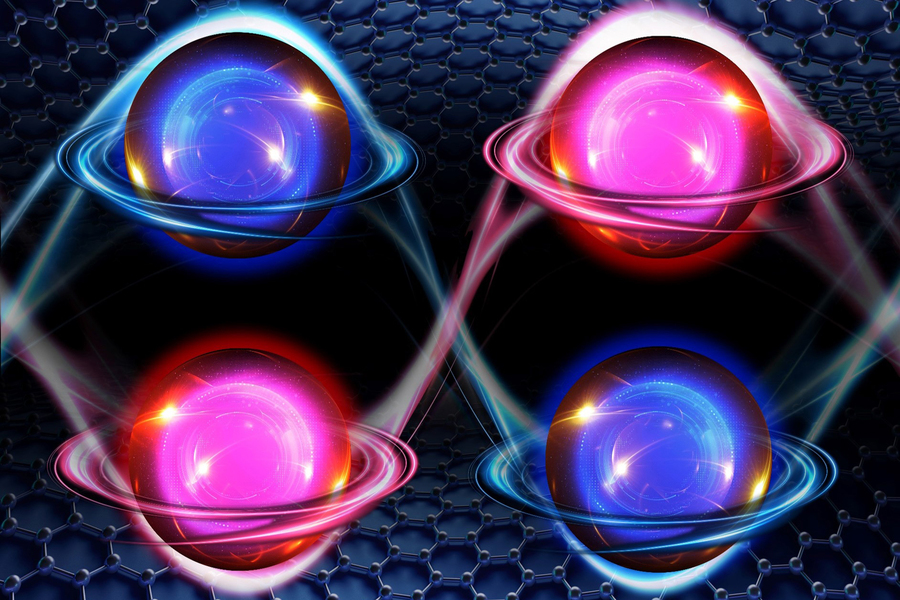 When stacked in five layers in a rhombohedral pattern, graphene takes on a rare “multiferroic” state, in which the material’s electrons (illustrated here as spheres) exhibit two preferred electronic states: an unconventional magnetism (represented as orbits around each electron), and “valley,” or a preference for one of two energy states (depicted in red versus blue). The results could help advance more powerful magnetic memory devices. @ Sampson Wilcox, RLE