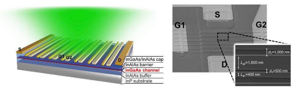 A bird's-eye view of the device structure and electron micrographs of the device surface. G1: gate 1 electrode, G2: gate 2 electrode, D: drain electrode, and S: source electrode. @ Akira Satou et al.
