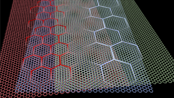 Image of a moiré quasicrystal (center column) created by three overlapping sheets of atomically thin graphene. @ Sergio C. de la Barrera/University of Toronto