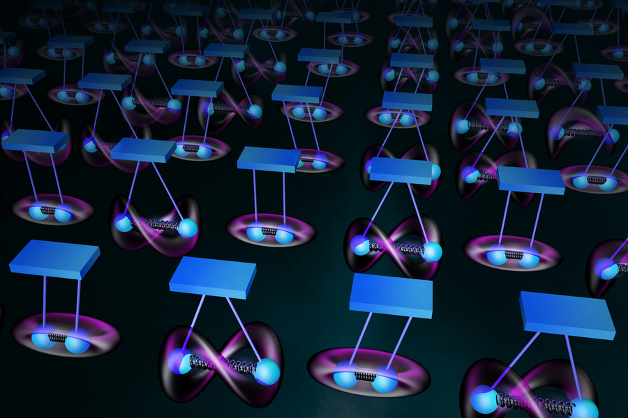 MIT researchers have found a way to store quantum information in the vibrational motion of atom pairs, similar to the swinging motion of two pendula, connected by a spring. The quantum register contains hundreds of pairs of vibrating qubits that researchers can coherently control for over ten seconds. @ Sampson Wilcox/RLE