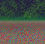 A computer simulation shows metallic alloy where atoms (colored spheres) are arranged in subtle chemical patterns beneath a network of dislocations (green lines). These tangled defects move during processing and help create the nonequilibrium atomic order discovered by the MIT team.