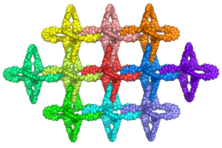 The individual building blocks of a catenane are polyhedral molecules — a type of adamantane — that link arms to form a 2D mesh or 3D network that is sturdy but flexible. @ Tianqiong Ma, UC Berkeley
