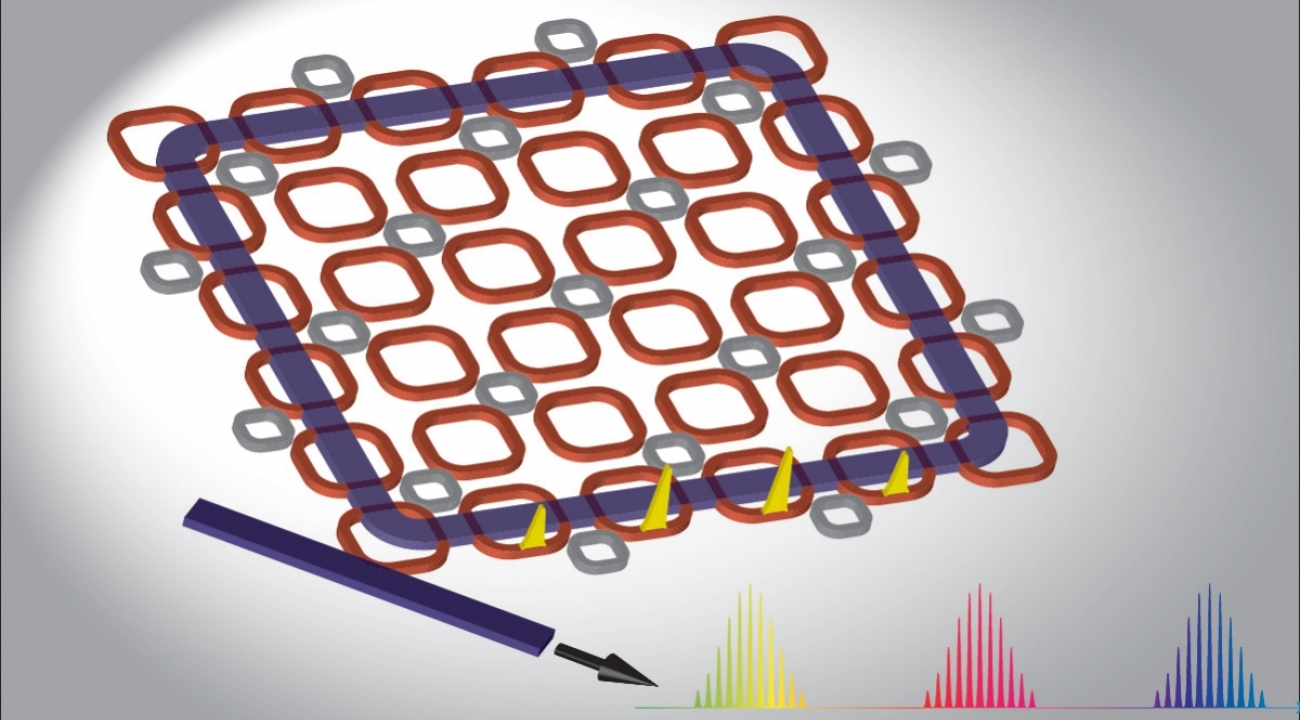 Rendering of a light-guiding lattice of micro-rings that researchers predict will create a highly efficient frequency comb. @ S. Mittal/JQI