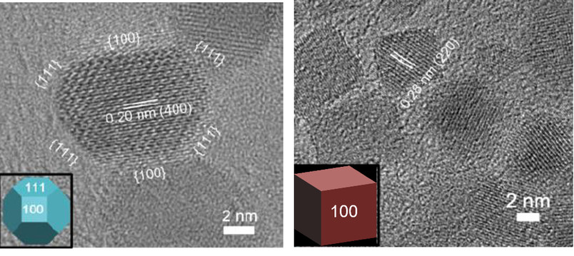 The work has shown that cube-shaped nanoparticles (right) are more efficient catalysts for electrolysis than spherical ones. @ Kristina Tschulik