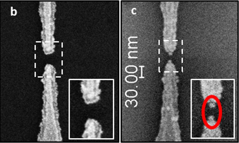 Image from an electron microscope showing electrodes with a single DNA molecule. Right image shows molecule (see the nanoparticles circled by a red ellipses), on the left without a molecule. @ Hebrew University of Jerusalem
