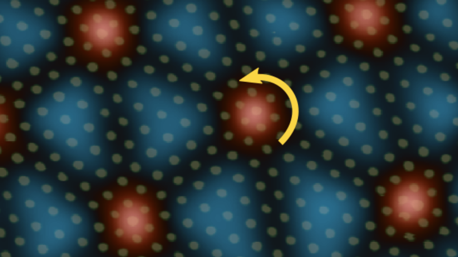In layers of graphene, the angle of twist between atoms can vary, which impacts its ability to superconduct. In the three layers of graphene depicted here, local twist angle can range from around 1.5 degrees (blue)—close to the "magic angle" for this device—to around 1.9 degrees (red). The arrow shows a twist angle vortex, or twiston. These areas of disorder help make the overall device more orderly. @ Simon Turkel