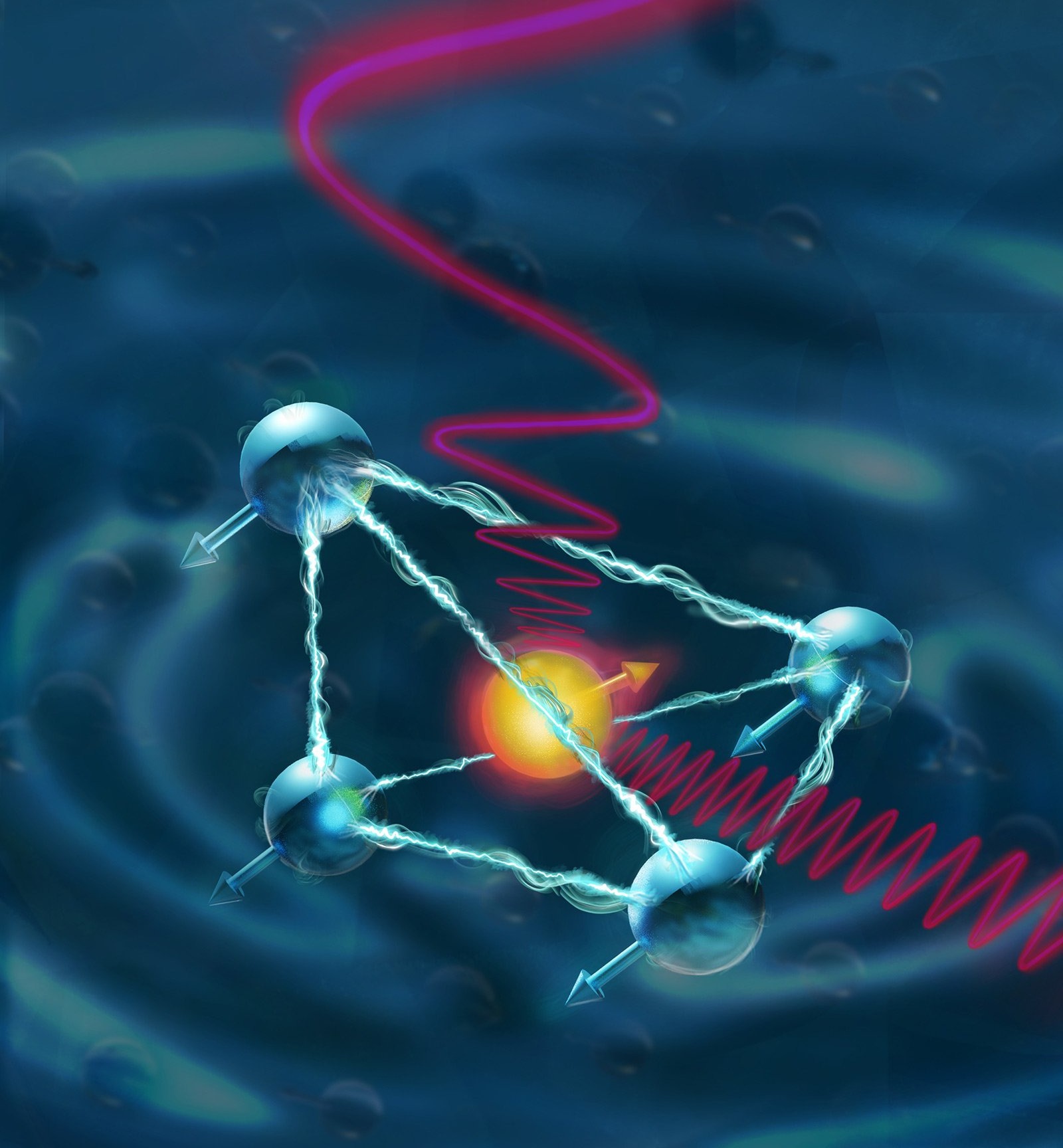 Artist's illustration depicts the quantum spin of an ytterbium ion with the surrounding yttrium orthovanadate crystal. The spin states of the atoms can be used as a processing unit (like transistors on a computer chip). By using the ytterbium to control four vanadium atoms simultaneously, the engineers were able to realize a 2-qubit processor, an important building block in the development of quantum computers and quantum networks. @ Maayan Visuals