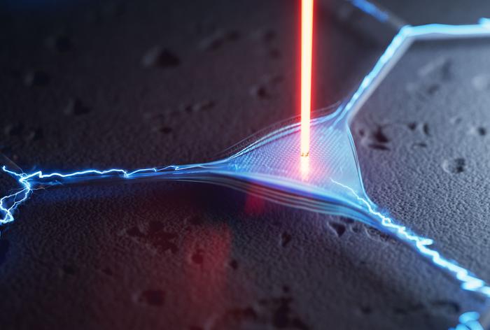 The image shows an illustration of a triangline nanomechanical resonator realized in a piezoelectric material. The central part of the resonator is shaped like a triangle that moves up and down and at the same time acts as a mirror to reflect a laser beam. The resonator is suspended by thin tethers, which are branched to minimize the loss of mechanical energy from the triangline's movement. @ Chalmers University of Technology | Boid