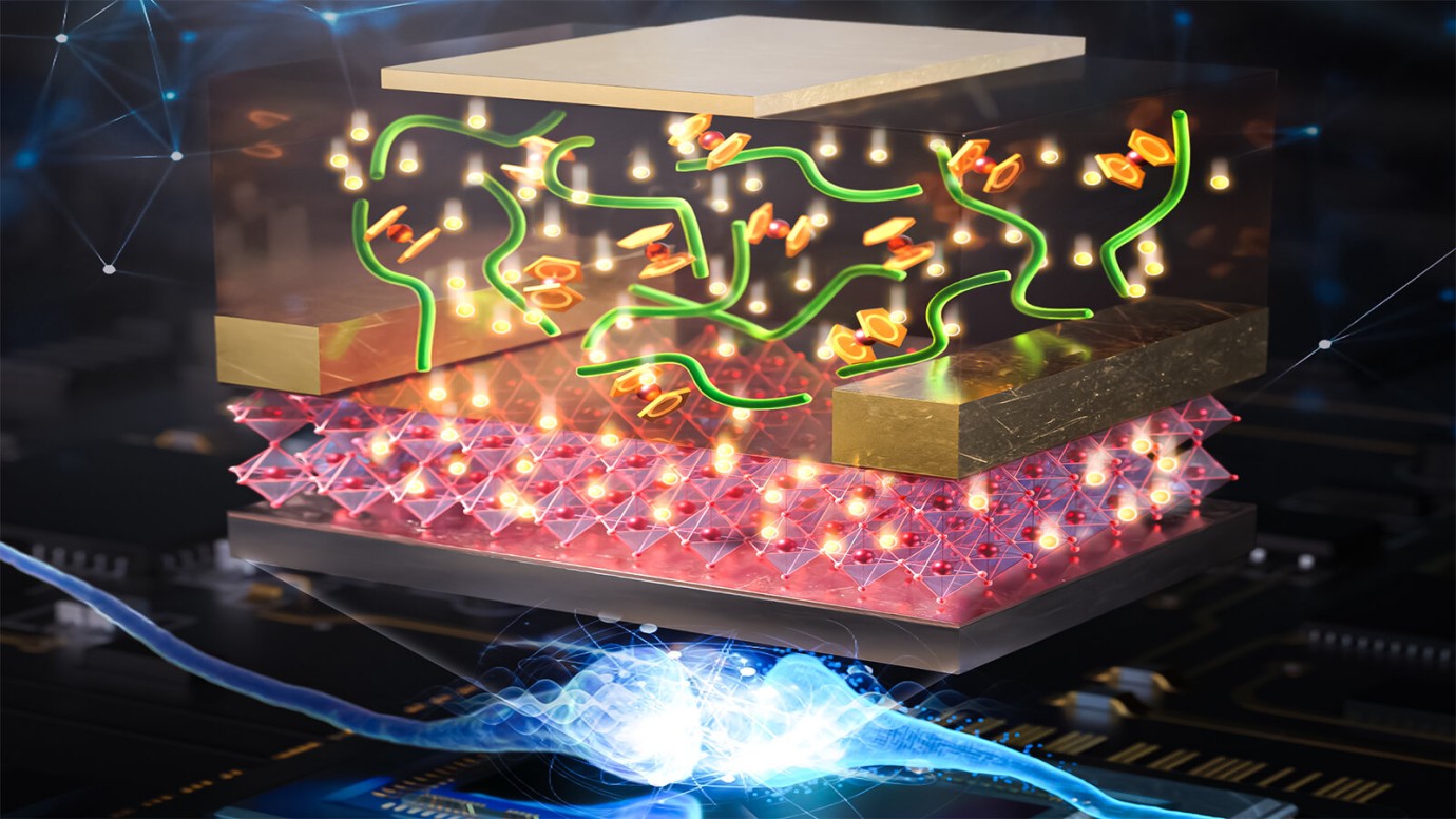 Illustration of redox gating for carrier manipulation and electric field control of the electronic state. The green threads represent functional molecules for redox gating, and the ability to function at low power mimics synaptic switching in the human brain, as represented by the underlying synapse. @ Argonne National Laboratory