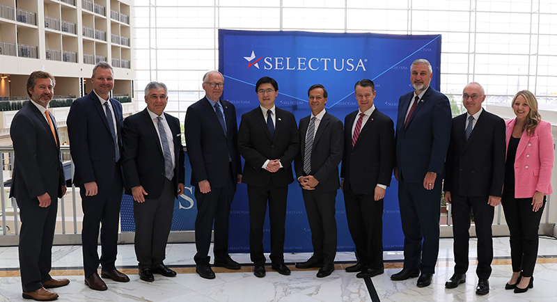 Business, governmental and Purdue leaders took part in Wednesday's announcement of a partnership between European-based imec and Purdue University. Pictured from left are Joe Pasetti, imec vice president of corporate affairs; Jimmy Costa, senior vice president of innovation and semiconductor strategy, Applied Research Institute Inc.; Max Mirgoli, imec executive vice president of worldwide strategic partnerships; Mark Lundstrom, Purdue's chief semiconductor officer and senior advisor to the university president; Purdue President Mung Chiang; Indiana Secretary of Commerce Brad Chambers; U.S. Sen. Todd Young; Indiana Gov. Eric Holcomb; imec CEO Luc Van den hove; and Jillian Turner, senior vice president, global investment and partnerships for the Indiana Economic Development Corporation. @ Purdue University