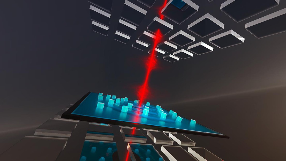 Conceptual art of the operating device, consisting of a nanopillar-loaded drum sandwiched by two periodically segmented mirrors, allowing the laser light to strongly interact with the drum quantum mechanically at room temperature. @ EPFL & Second Bay Studios