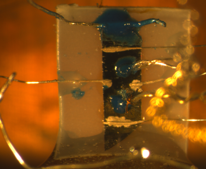 The iron-based superconductor material, Ba1−xKxFe2As2, is mounted for experimental measurements. @ Vadim Grinenko, Federico Caglieris