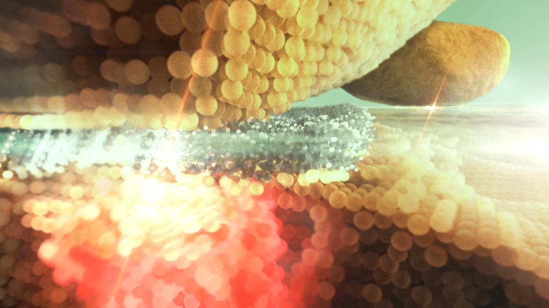 Plasmonic nano-antennas fabricated at EPFL: gold nanoparticles are deposited on a gold film covered with a layer of molecules. Light emission from defects near the film surface is strongly enhanced by the antenna effect, enabling its detection. @ Nicolas Antille