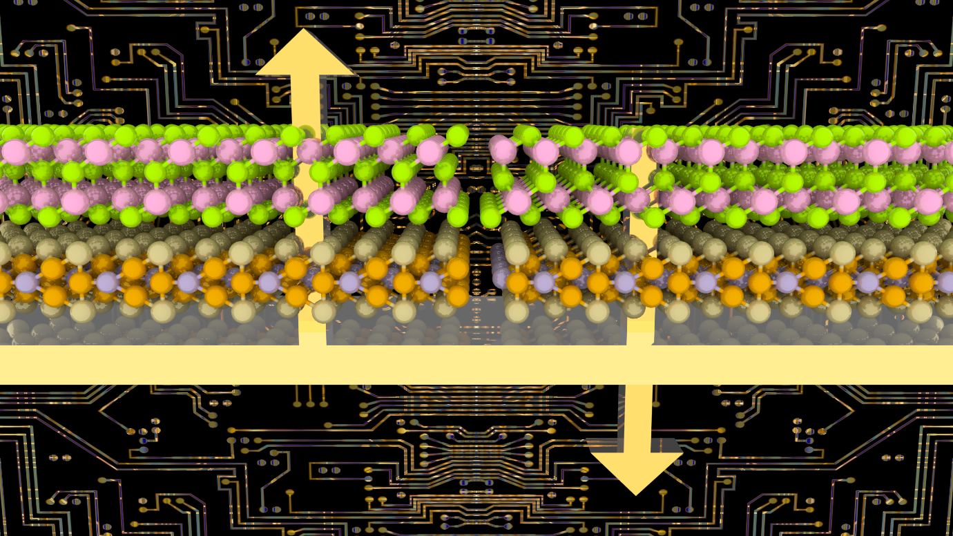 The switchable 2D Schottky diode device is formed by the interface of the 2D metal FGT (lower layer) and the 2D ferroelectric In2Se3 (upper layer). @ FLEET