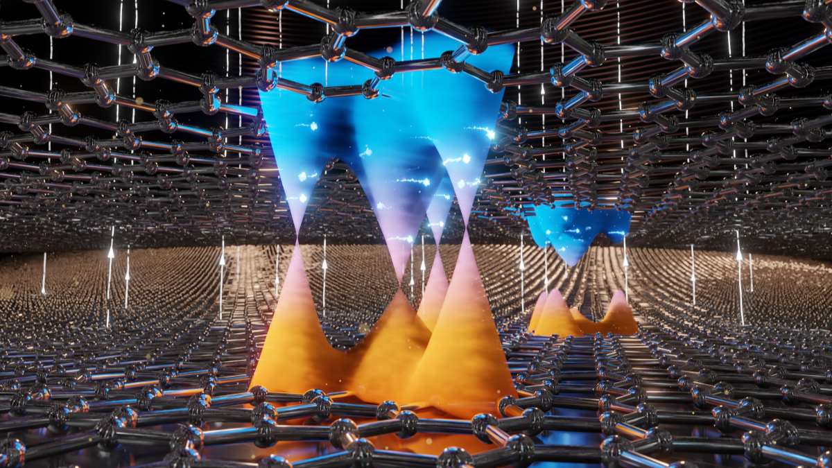 Artist’s representation of moving charges in naturally occurring bilayer graphene. @ Lukas Kroll