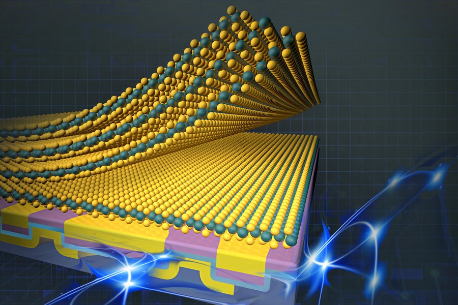 This artist’s rendition shows a new integration platform developed by MIT researchers. By engineering surface forces, they can directly integrate 2D materials into devices in a single contact-and-release step. @ Sampson Wilcox/Research Laboratory of Electronics