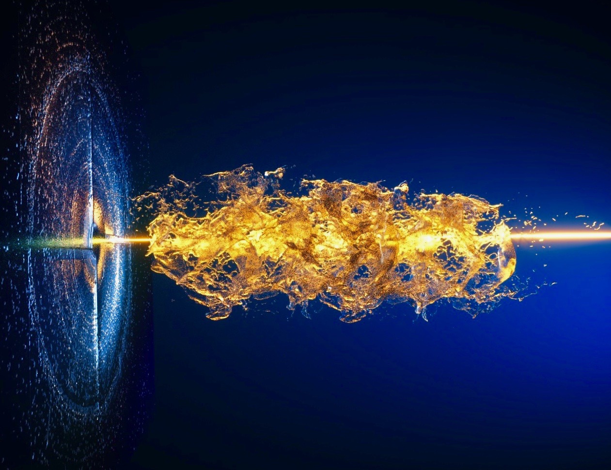 An illustration of the serial femtosecond X-ray crystallography process, showing a jet of liquid solvent combined with the sample particles being blasted with the laser beam to capture diffraction data. This action is completed in just a few femtoseconds – that is quadrillionths of a second, or a few millionths of one billionth of a second. @ Ella Maru Studio