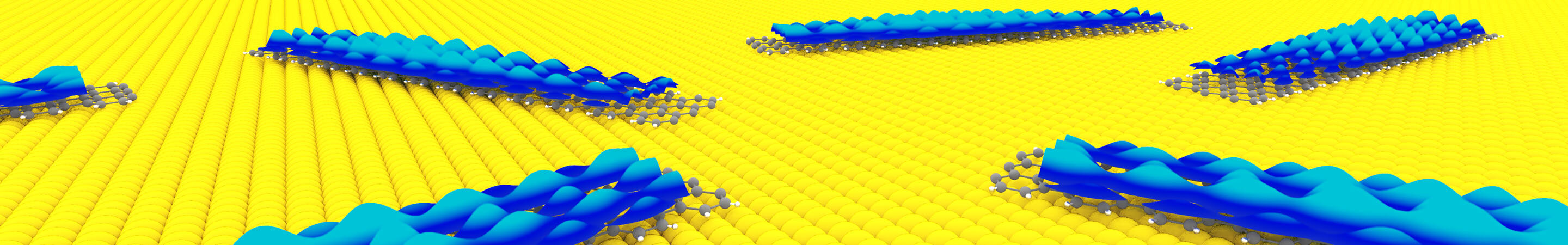 An illustration shows graphene nanoribbons on top of a gold substrate. Experimental data revealed by the Michigan State microscope is shown in blue above the ribbons. @ Spencer Ammerman