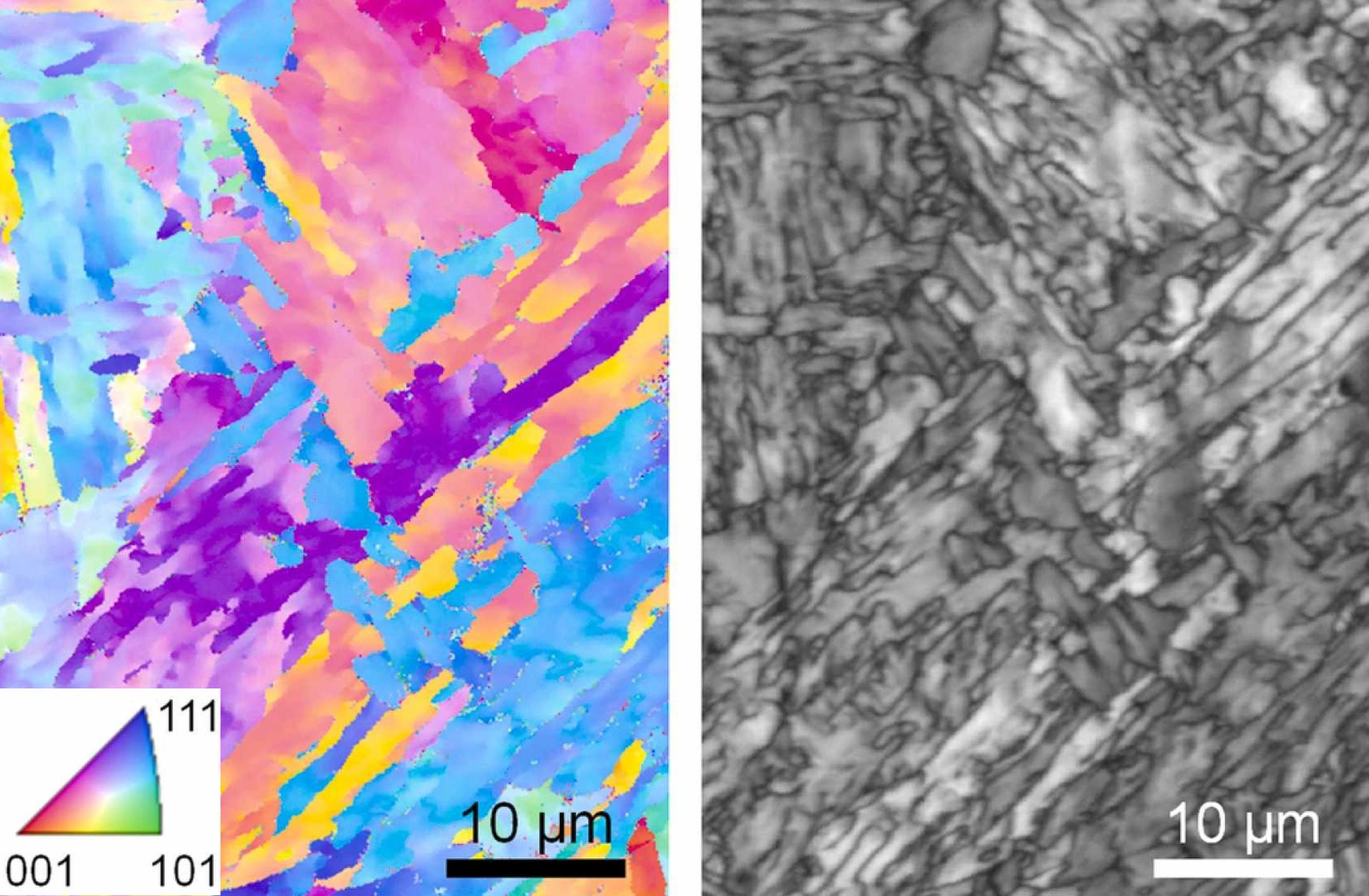 A microscopic image of 3D-printed 17-4 stainless steel. The colors in the left-side version of the image represent the differing orientations of crystals within the alloy. @ NIST