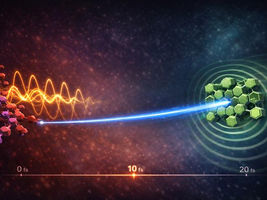 Artist’s illustration of the interplay of a vibrational mode in electron-transfer processes.