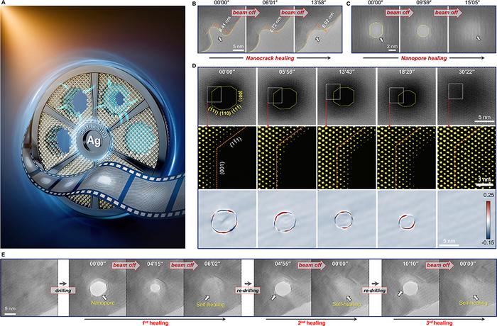 Fig. (A) An artistic poster depicting the autonomous self-healing phenomenon found in nanoscale Ag. (B, C) Sequential high-resolution TEM images showing the autonomous self-healing processes of a nanocrack (B) and nanopore (C) damage, respectively. (D) High-angle annular dark field (HAADF) images and the corresponding geometric phase analysis (GPA) of an overall self-healing process of nanopore. (E) Three runs of repeated reversible forming/healing cycles over the same region. @ IOP