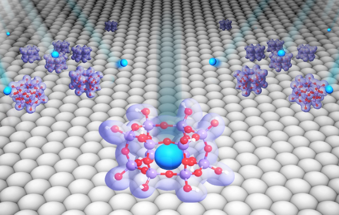 A representation of silica nanocages on a thin film of ruthenium trapping atoms of xenon (blue). @ Brookhaven National Laboratory