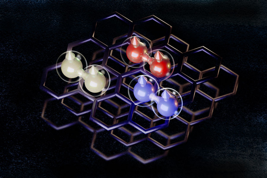 This graphic illustrates three different ways that electrons can pair up and flow through rhombohedral pentalayer graphene without resistance. The three different superconducting states (represented by different colors) surprisingly persist, and can even be boosted in a magnetic field, which normally kills superconductivity.