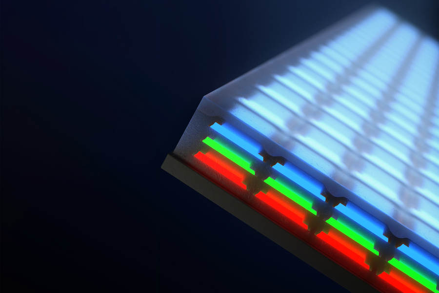 MIT engineers have developed a new way to make sharper, defect-free displays. Instead of patterning red, green, and blue diodes side by side in a horizontal patchwork, the team has invented a way to stack the diodes to create vertical, multicolored pixels. @ Younghee Lee