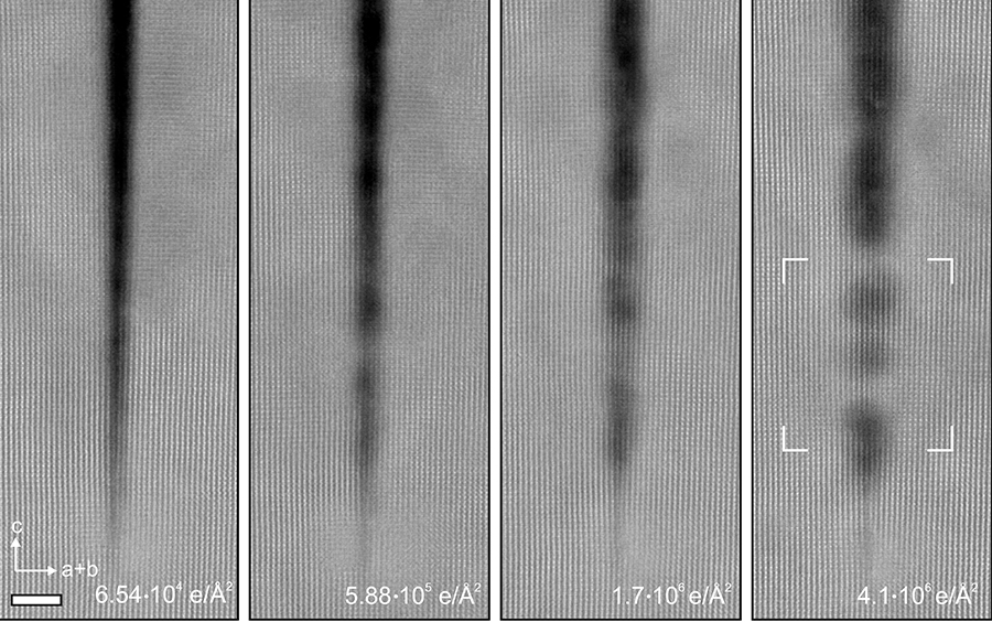 These electron microscope images show how the crack in a crystal of titanium dioxide begins to "heal" with increasing electron doses. @ Mkhoyan Group, University of Minnesota