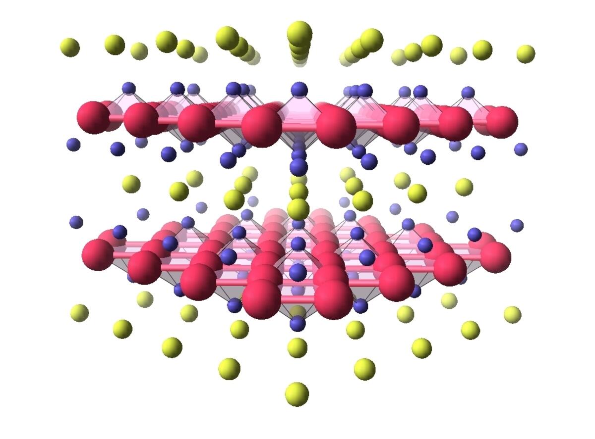 Crystallographic structure of the BaFe2As2 pnictide, an iron-based superconducting material. Iron atoms are in red, arsenic atoms in blue, and barium atoms in yellow. @ Julien BOBROFF/CNRS Images