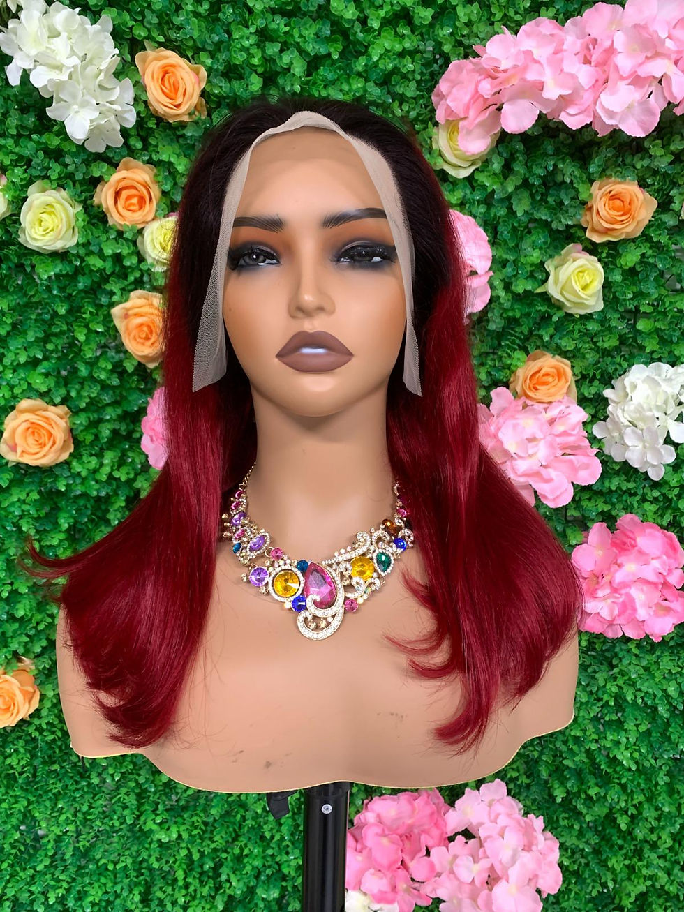 model with Burgundy straight lace frontal short bob wig
