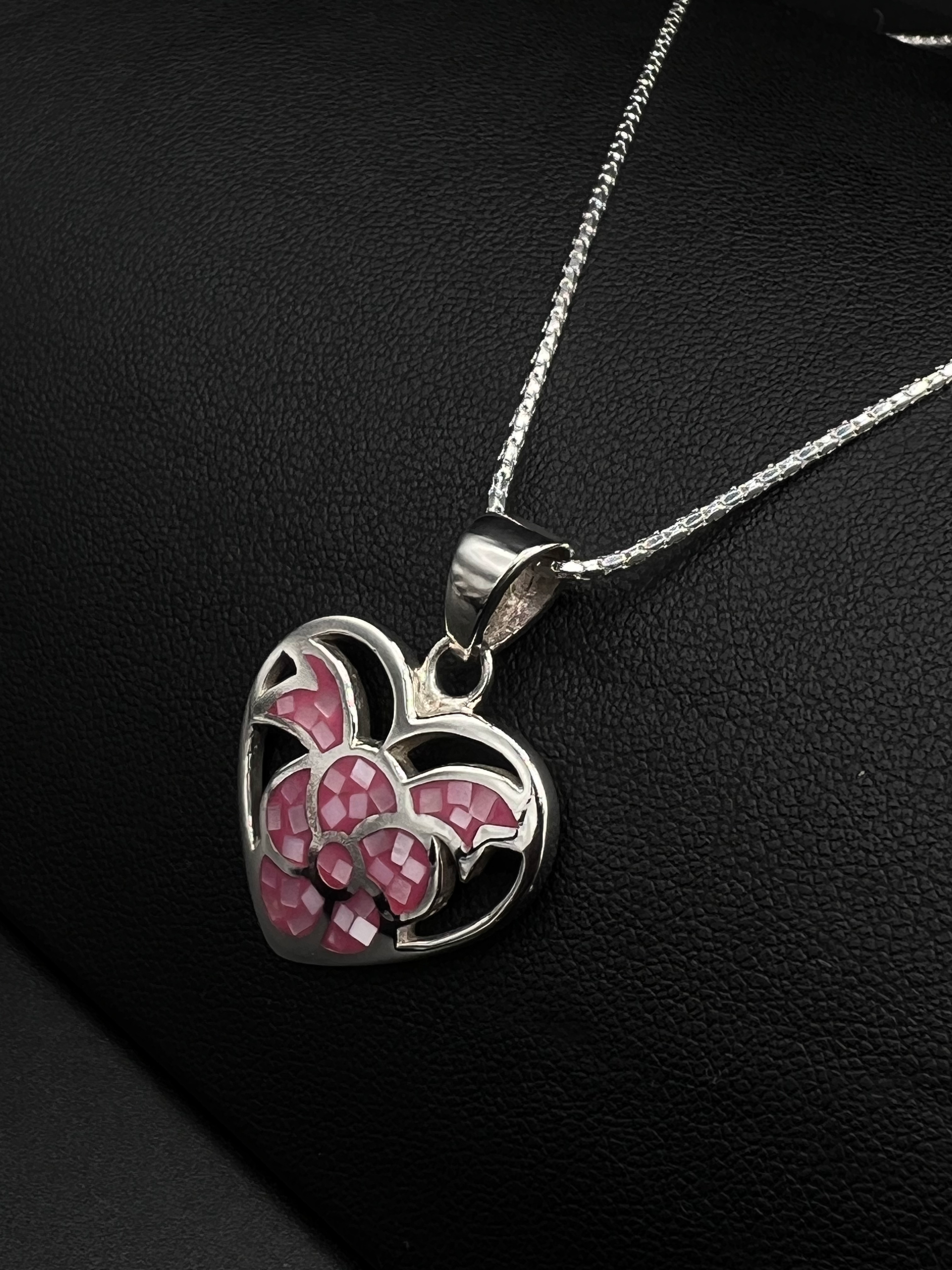 Pink Mosaic Heart Pendant – Sterling Silver Tile Necklace