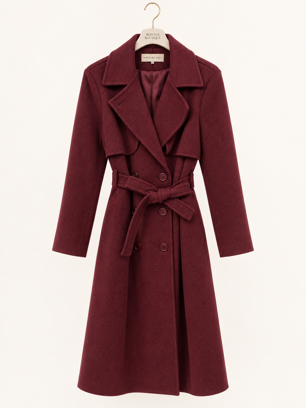 Bordeaux damestrenchcoat met reverskraag, knopen en ceintuur – BONVIE BOUTIQUE